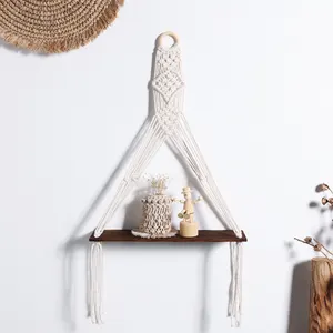 Boho Cotton Rope Beige Macrame altalena in legno montaggio a parete supporto per piante galleggiante appendiabiti per soggiorno camera da letto