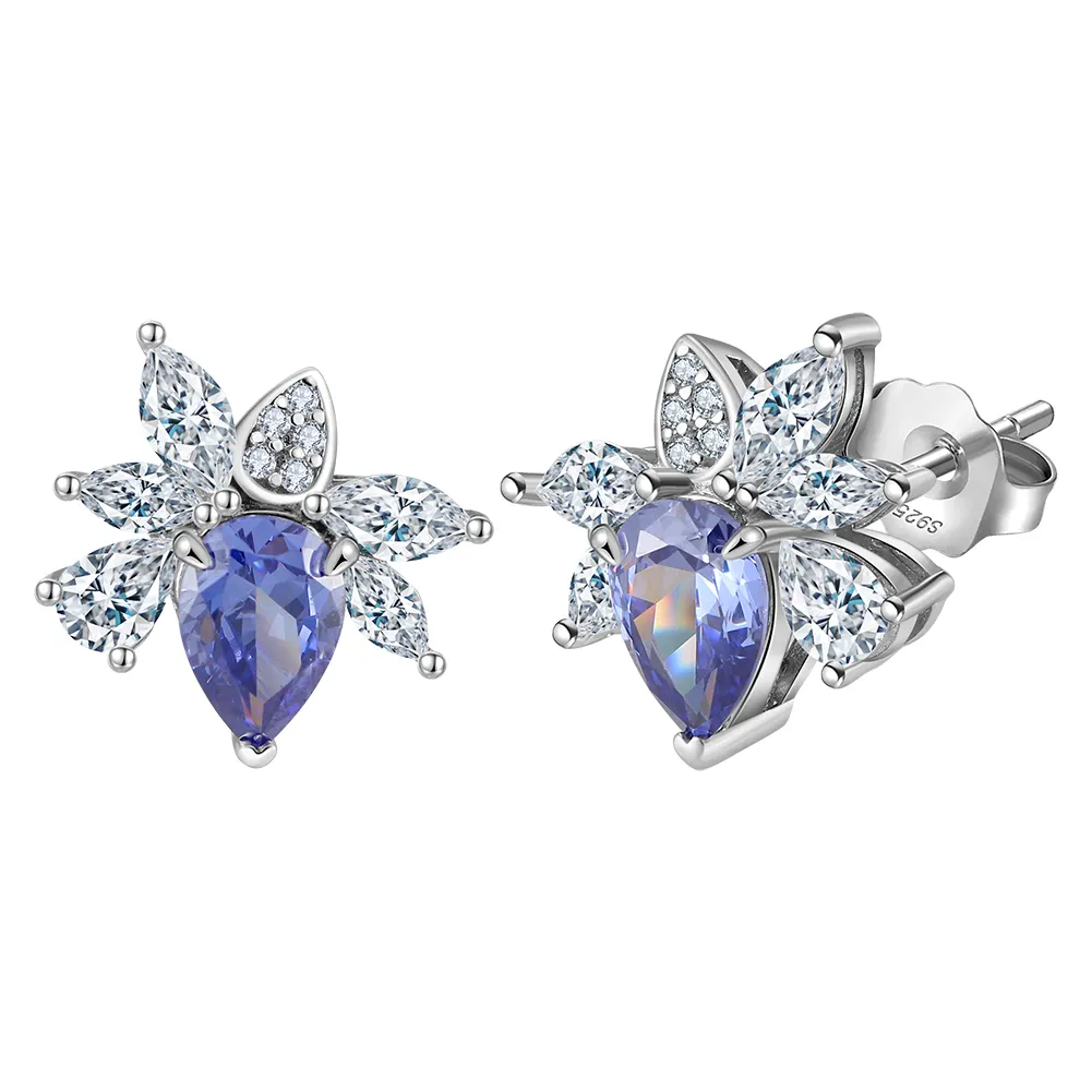 Rinntin LZE30 Boucles d'oreilles de luxe en argent sterling 925 certifié bleu clair avec pierres précieuses saphir pour femme