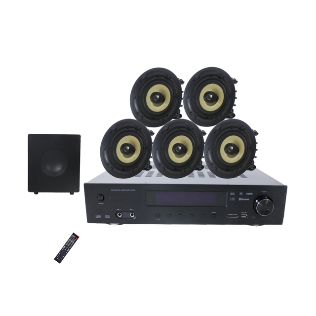 Digital Audio Video Amplifier, Rimless Ceiling Speakers and Subwoofer for 5.1 Channel Surround Home Theater Sound System