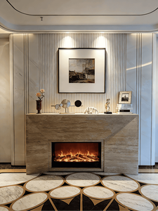 Conjunto de <span class=keywords><strong>Chimenea</strong></span> y Repisa de Travertino Beige de Piedra Natural Porosa de una Sola Pieza con Marco de Acero Integrado - Product Image 5