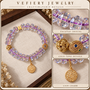 Pulsera de cuentas de amatista morada facetada con dije decorativo en tono dorado - Product Image 3