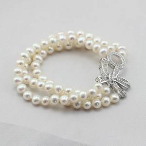 <b>Freshwater</b> <b>Pearls</b> <b>Bracelet</b> Nearly Round Multiple Rows Clean Flawless 5.5-6mm Three Rows <b>Pearl</b> Bangle - Product Image 3