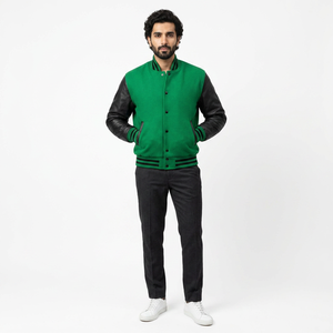 Veste universitaire en laine verte personnalisée avec des manches en cuir noir et des bordures contrastées pour hommes et femmes - Product Image 1