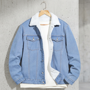 Veste en jean bleu clair pour homme, hiver, avec doublure en fausse fourrure, col rabattu, coupe décontractée, coupe régulière, coupe-vent, coton épais, effet délavé - Product Image 3