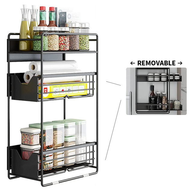 3 Tier Metal Slide Out Strong Magnetic Spice Rack Refrigerator Storage Organizer Kitchen Shelf With Drawer Basket
