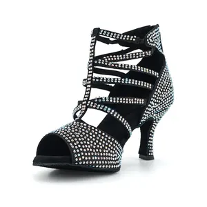 Zip Latin dans ayakkabıları kadın balo salonu siyah kız için yüksek topuklu ayakkabı Rhinestone parti dans botları yumuşak tabanı