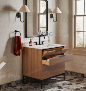 <b>Mirrored</b> <b>Cabinets</b> Modern Solid Wood MDF Floor Standing <b>LED</b> Porcelain Basin Walnut Easy Clean Design Made in Vietnam - Product Image 4