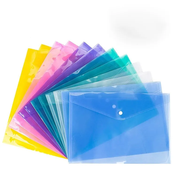 clear transparent cheap envelop A4 size paper/letter file folder with snap button document custom PVC plastic school use