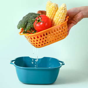 Double Layer Plastic Drain Basket Blue Yellow PP Material Versatile Fruit Vegetable Washing Kitchen <b>Colander</b> <b>Strainer</b> Set - Product Image 4