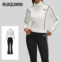 RUIQUWIN Grosir Set Yoga Wanita 2 Potong Jaket Kerah Tegak Lengan Panjang Celana Olahraga High Stretch Model Flare untuk Fitness dan Lari