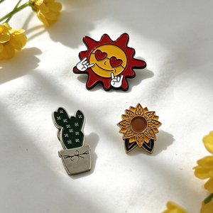 Badges métalliques Cactus Soleil et Tournesol, épingles émaillées florales vives pour accessoires de veste, vente en gros - Product Image 1