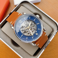 Montre automatique mécanique à remontage manuel pour homme, squelette marron avec index lumineux