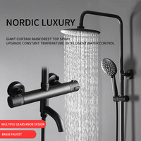 Ensemble de douche thermostatique ovale moderne en laiton brossé noir mat de luxe avec barre coulissante, robinetterie murale, accessoires de salle de bain