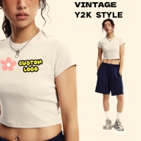 T-shirt court vintage uni délavé 235 g/m² pour femme, coupe ajustée sexy, 89,7 % coton, 10,3 % élasthanne
