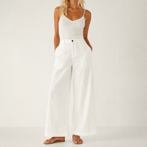Pantaloni Larghi da Donna Bianchi a <span class=keywords><strong>Vita</strong></span> <span class=keywords><strong>Alta</strong></span>, Taglio Dritto, in Misto Rayon <span class=keywords><strong>Lino</strong></span> Lyocell, Traspiranti e Comodi, Casual - Product Image 1