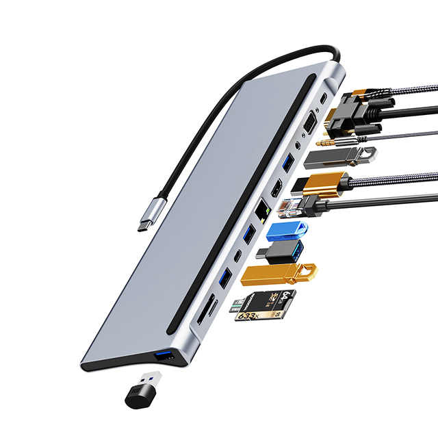 12 in 1 USB C Hub With USB SD TF Card Reader Rj45 HDTV VGA Audio 100w PD Charging Port Docking Station Laptop Accessories