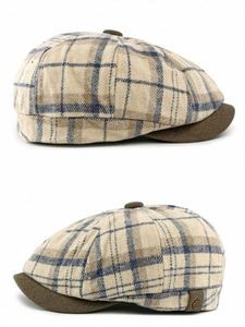 Winter Warm <b>Hat</b> Men's Women's Octagonal Cap British Vintage Striped Plaid Newsboy <b>Hat</b> with Fleece Lining - Product Image 3