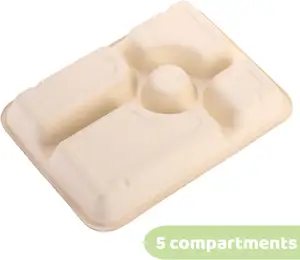 Plato de caña de azúcar seccional compostable de alta resistencia, platos de papel desechables de bagazo de 5 compartimentos, aptos para microondas