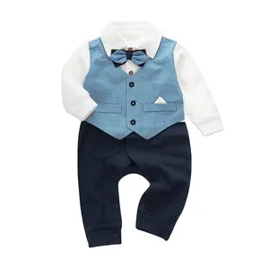 2023 New Formal Infant Gentleman Vest Suit Bow Tie Bow Hat Newborn Baby Romper Boy Clothes First Birthday Party Outfit 3 PCS Set