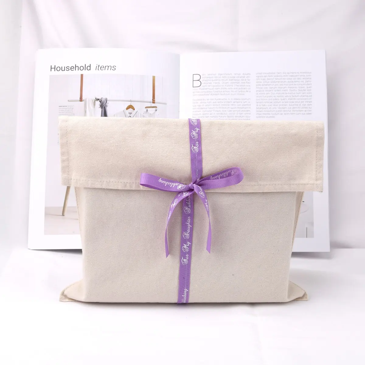 Custom Logo Printed Natural Canvas Envelope Clothes Pillow Handbag Dust Bag With Ribbon Luxury Cotton Flap Dust Bag