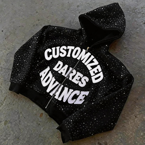 Sweat à capuche zippé streetwear de créateur en coton 100% effet vieilli, <span class=keywords><strong>noir</strong></span>, coupe oversize, épais, brodé de strass - Product Image 2