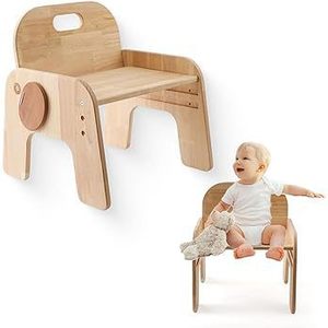 Taburete bajo para niños de madera maciza natural con respaldo, altura ajustable, diseño ergonómico con forma de elefante para niños - Product Image 5