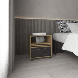 Mesita de noche con 1 cajón, 4 ruedas y 1 estante, mueble de almacenamiento de roble natural negro para dormitorio - Product Image 1