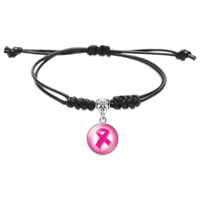 Sensibilisation au cancer du sein réglable en cuir noir pour hommes et femmes Bracelet à breloques en ruban rose Produit en gros