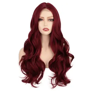女性のための長い巻き毛の波状の赤いかつらサイドパート自然に見えるコスプレ合成繊維ウィッグ耐熱性