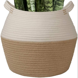 QJMAX Jute Cotton Rope Belly Basket With Handles Decorative Storage Basket