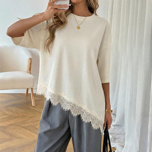 T-<span class=keywords><strong>shirt</strong></span> asymétrique tendance pour <span class=keywords><strong>femme</strong></span> avec dentelle, collection été 2026, décontracté chic, col rond, coupe oversize, manches 3/4, longueur longue - Product Image 5