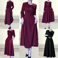 Robe élégante rouge vin à fleurs 3D, robe modeste à manches longues, robe fluide à coupe trapèze, robe de soirée formelle haut de gamme pour femme de bureau professionnelle