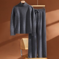 Ensemble pull en pure laine à col haut épais pour femme, automne-hiver, avec pantalon large à tricot plat, pantalon long décontracté, ensemble deux pièces