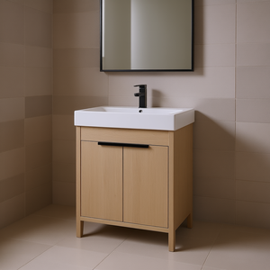 Freestanding Bathroom Vanity <b>Plain</b> Light Oak 32-34 In Soft Close Doors White Ceramic Sink Floor Standing - Product Image 2