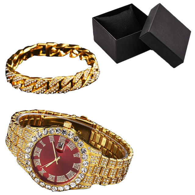 SL68 Watch Bracelet Set With Box Men's Luxury Round Quartz Wristwatch With Stainless Steel Band Hip Hop Style Alloy Jewelry