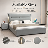 Lit rembourré en cuir écologique gris avec éclairage intelligent à capteur, cadre de lit réglable, mobilier de chambre moderne rembourré