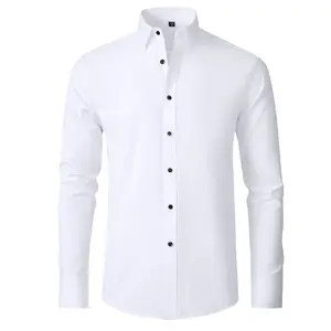 Camisa elástica de cuatro lados para hombre, sin hierro, antiarrugas, blusa fina de negocios sencilla para hombre, 94% poliéster, manga larga y corta