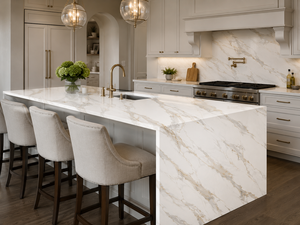 แผ่นควอตซ์พิมพ์ลาย Calacatta Golden Silk จาก UNION STONE ขนาดใหญ่ เป็นมิตรกับสิ่งแวดล้อม ดีไซน์ทันสมัย เหมาะสำหรับผนังห้องครัว พื้นห้องน้ำ - Product Image 3