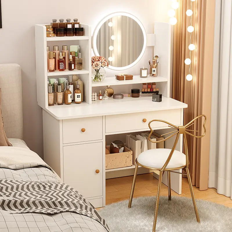 Modern Makeup Vanity Desk With Led Mirror And Drawers Side Cabinet Bedroom Furniture Dresser Set Wooden Smart Dressing Table