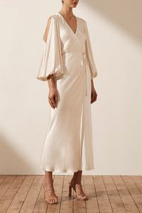 Jurk Dames Vestito Donna OEM Robe midi décontractée à manches bouffantes en satin de couleur unie pour femme élégante - Product Image 2