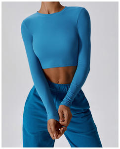 Camiseta Deportiva Corta de Manga Larga para Mujer, Informal, de Otoño, de Algodón y Elastano, Ajustada, para Gimnasio, con Estampado, Tejido de Punto, Frente Corto - Product Image 2