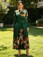 Nouvelle Robe de Soirée Plissée à Manches Longues Imprimé Floral Grande Taille pour Femmes, Style Élégant et Décontracté Miyaki