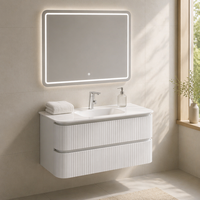 Ensemble de meuble-lavabo flottant moderne avec miroir éclairé anti-buée, style nordique, construction en contreplaqué, pour hôtels et appartements, en céramique
