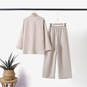 Ensemble décontracté pour femmes en lin et coton avec logo personnalisé, <span class=keywords><strong>taille</strong></span> <span class=keywords><strong>5XL</strong></span>, chemisier et pantalon large, ensemble 2 pièces - Product Image 3