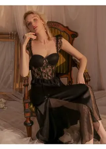 Venta al por mayor de ropa de dormir de verano para mujer, lencería sexy, camisones con volantes de encaje, vestido largo, conjunto de bata, algodón transpirable - Product Image 3