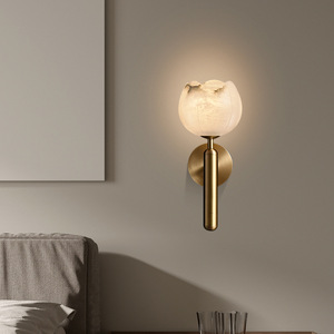 Lámpara de pared de mármol de estilo chino moderno, E27 LED, diseño de capullo de flor de cobre y mármol natural para sala de estar, dormitorio, pasillo - Product Image 3