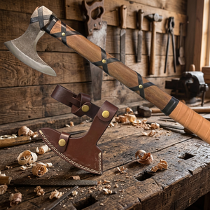 Hacha Tomahawk de BA Enterprises con mango de madera, funda de cuero, cabeza con diseño de barba, hoja de acero al carbono con 4 filos, herramienta de tala de árboles de grado DIY - Product Image 3