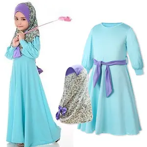 Western Style Children Girls Clothes Spring/Autumn Abaya Muslim Evening Dresses With Flower Hijabs