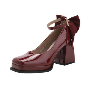 2026 Spring New All-match Wine <b>Red</b> High <b>Heels</b> Square Toe Shallow Mouth Platform Block <b>Heel</b> Pumps for Women - Product Image 5