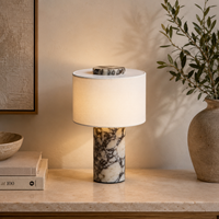Lampe de table en marbre rechargeable avec abat-jour en lin, sans fil, à intensité variable au toucher, lumière d'ambiance de chevet, lampe de bureau cylindrique de luxe